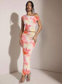 SHEIN BAE 女式不对称褶皱修身两件套，适合夏季/海滩度假、生日派对，优雅图案印花上衣 - 粉色 - 查看 6