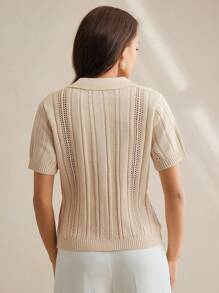 Anewsta 女式针织休闲修身马球领纹理套头衫 - 杏色 - 查看 7