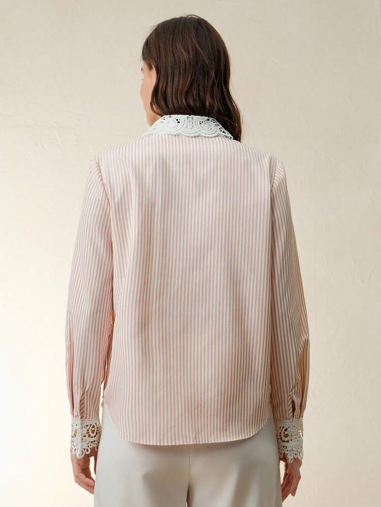 Elegant Striped Splice Lace Decor Women's Blouse, Fashionable