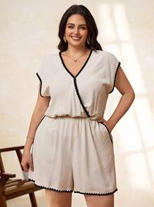 SHEIN Clasi جمبسوت نسائي بمقاس كبير للصيف بياقة على شكل حرف V وأكمام خفاشية، كاجوال أنيق بألوان متباينة وحافة صدفية، أسود، ملابس يومية للعطلات وملابس عمل كاجوال - لون مشمشي - مشاهدة 4