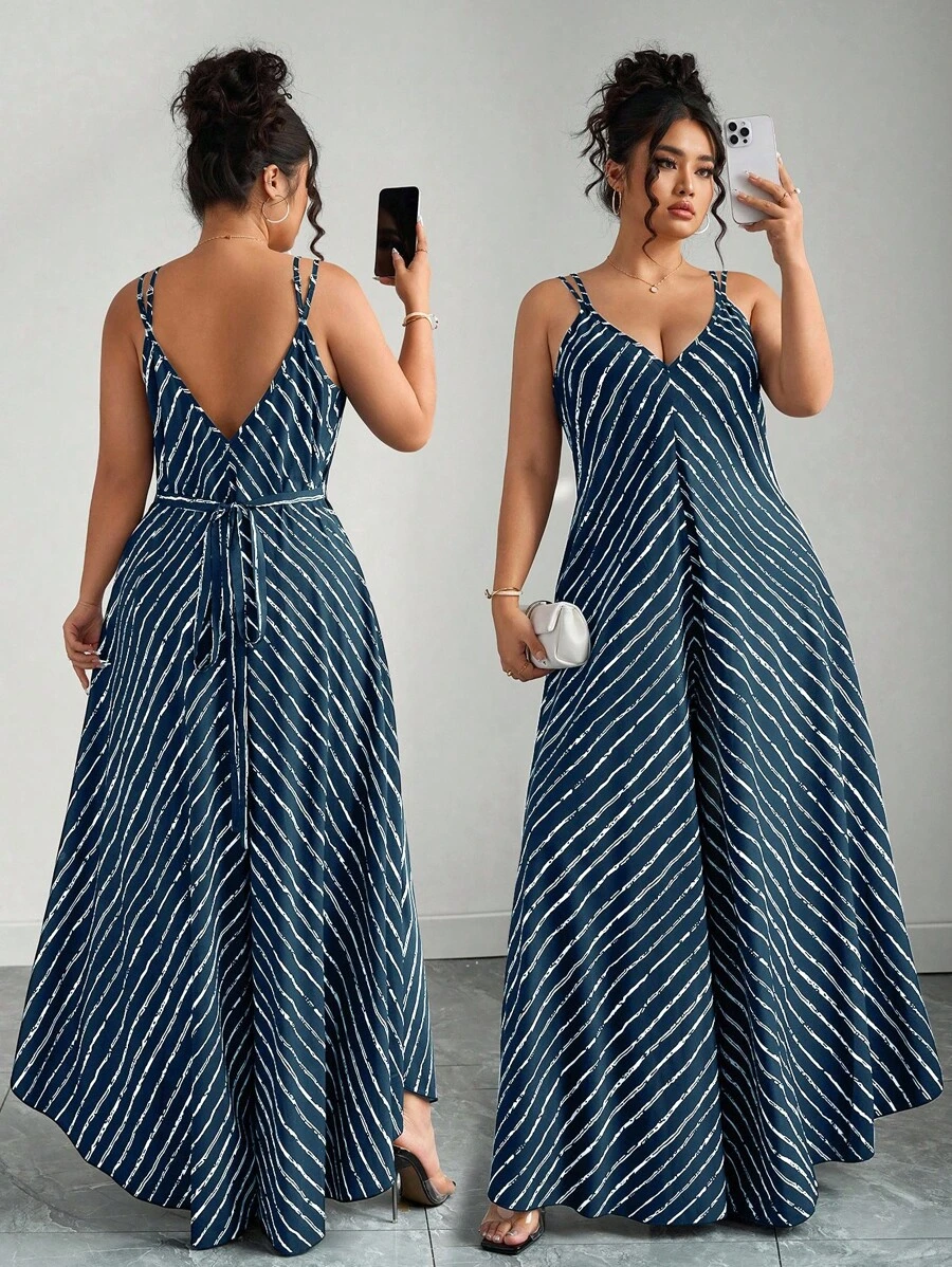 Elenzga 大码夏季新款条纹连体裤，休闲宽松度假风，性感细肩带阔腿裤，女款