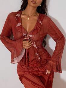 Opulessa Áo kiểu nữ dệt kim lưới kẻ sọc tay dài có bèo nhún, thích hợp cho kỳ nghỉ hè, du lịch. - Đỏ - Xem 7