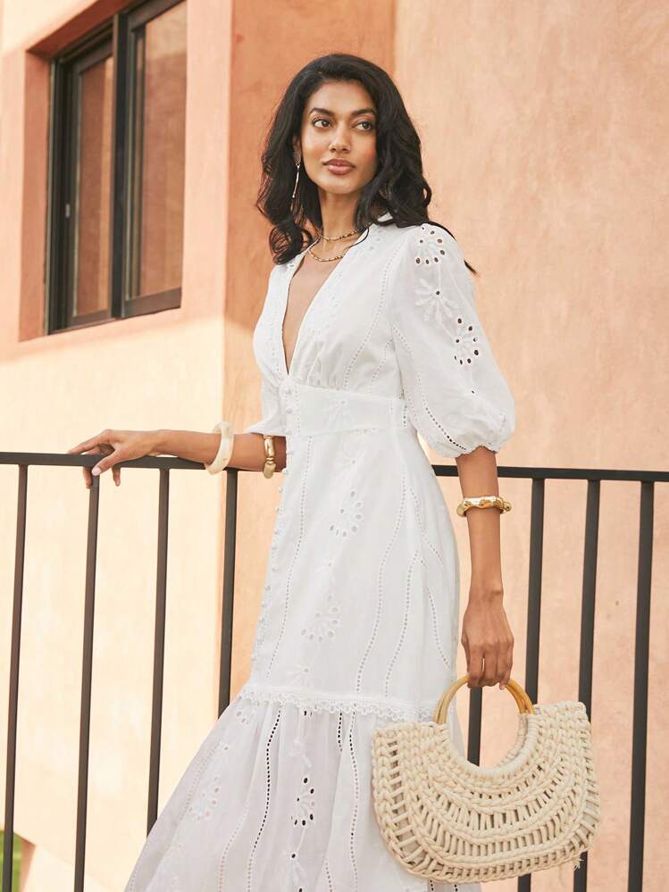 Anewsta White V-Neck Slit Lace Elegant Floor-Length Dress Maxi