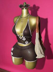 Slaydiva New Summer Casual Vacation, Street Daily Date, Birthday Party, Travel Season, Cruise Party, Beach Party, Sexy Y2K, Internet Celebrity Bestitems, Halter Top, Halter Neck, Tie, Deep V-Neck, Large Backless Cut Crop Top + Slim Super Shorts, Brown Woolen Suit, Three-Dimensional Flower Decoration Suit, Women's Sweater Two-Piece Set - Brown - View 6