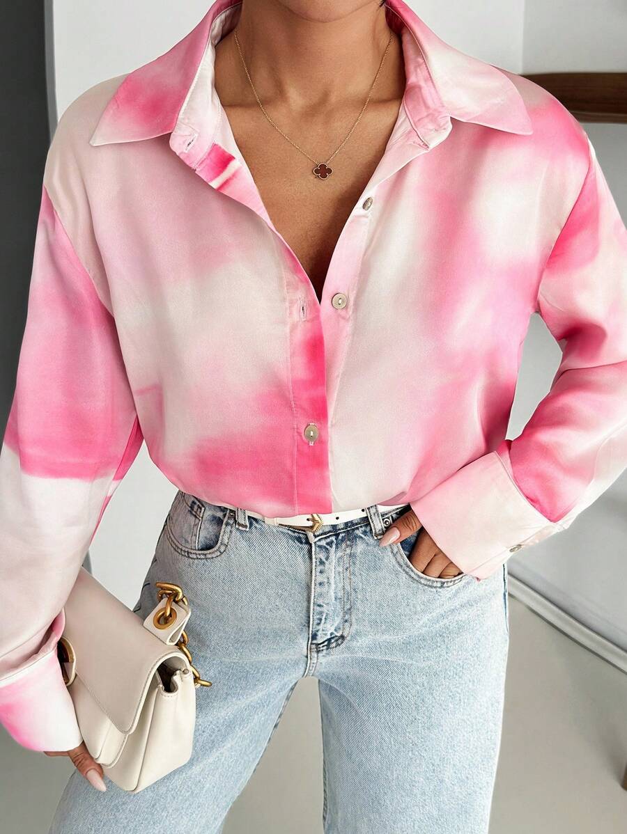 EURMUSE Women's Tie-Dye Print Long Sleeve Button-Up Casual Shirt - Pink - View 1