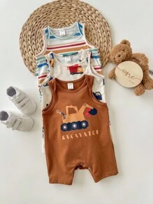 3 件套新生儿男婴/女婴夏季可爱卡通条纹图案连体衣套装 - 彩色 - 查看 4