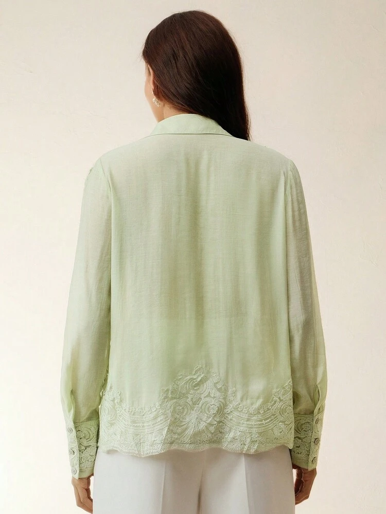 Women's Fashion Lace Trim Open Front Long Sleeve Blouse