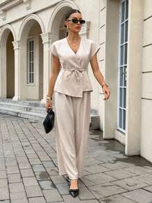 Siren Gaze Conjunto de 2 piezas de blusa y pantalones de unicolor casual y de oficina para mujer
