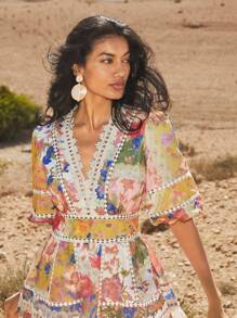 Anewsta Đầm midi hở eo họa tiết đèn lồng cổ chữ V tay ngắn họa tiết hoa viền xếp nếp cho nữ, trang phục dự tiệc/đi chơi/nghỉ dưỡng - Nhiều màu - Xem 11