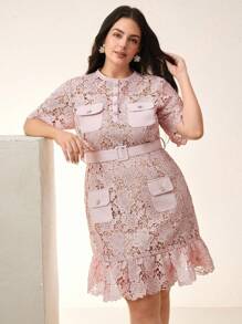 Anewsta 女士蓝色水溶性蕾丝边优雅经典短袖迷你连衣裙，适合夏季、节日、优雅、假日、度假、休闲、优雅、海滩