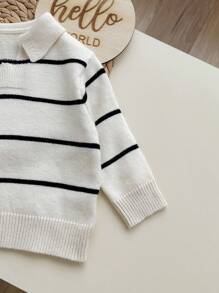 SHEIN Suéter de punto informal de media cremallera con cuello para bebé niño/niña con rayas multicolores - Albaricoque - Ver 5