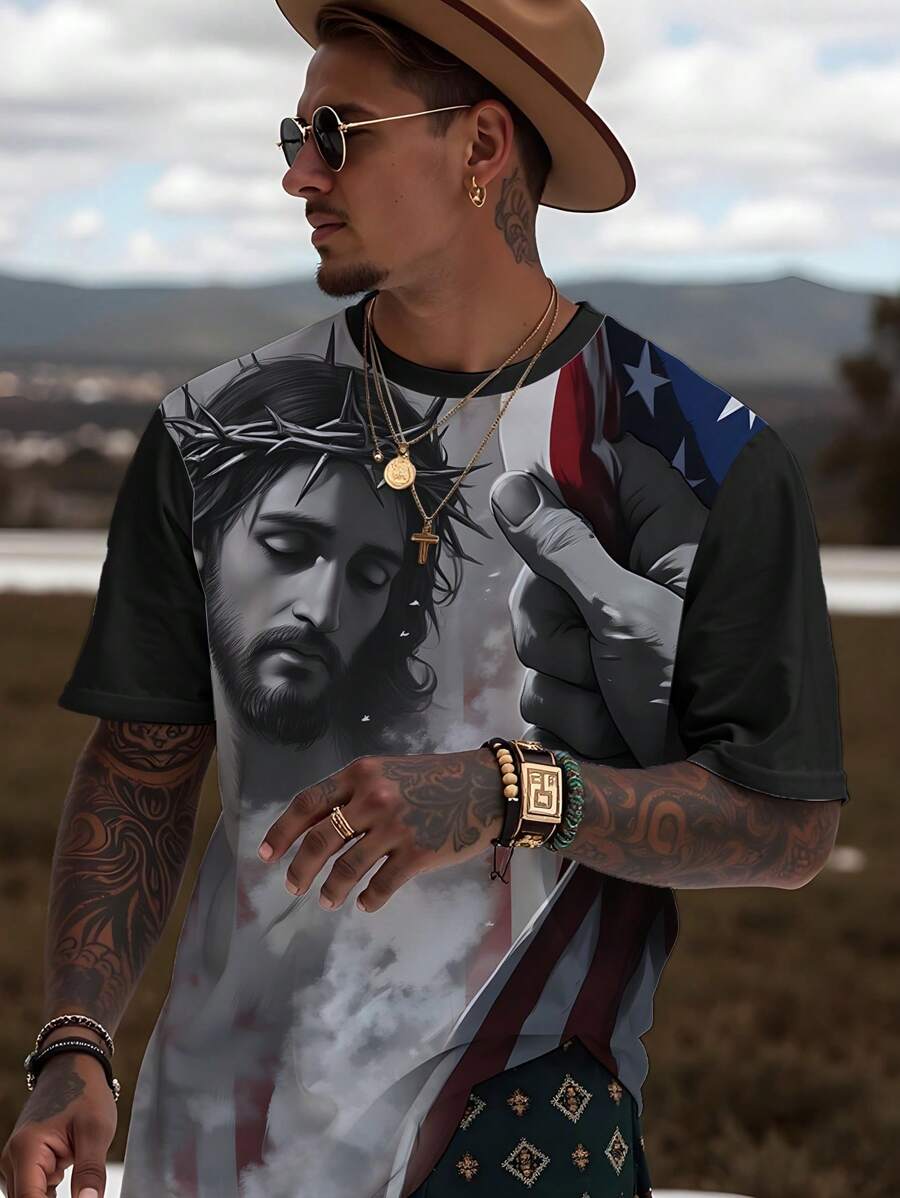 Manfinity VCAY Men's Casual Fitted Round Shoulder Short Sleeve T-Shirt Jesus T Shirt T Shirts Graphic Men - Black - View 1