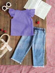 SHEIN Vintaside Kids 2 件套女婴春夏套装，包括红色圆领盖袖衬衫搭配樱桃刺绣牛仔长裤，甜美风格，适合户外、休闲和派对，适合幼儿的女童服装套装 - 紫色 - 查看 2