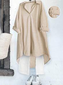 Linhara 大码女式休闲百搭法式复古风格时尚都市女性经典蓝白条纹设计别致修身百搭衬衫