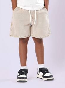 SUMWON 男童休闲抽绳宽松款经典夏季牛仔休闲短裤青少年日常裤带口袋 - 杏色 - 查看 4