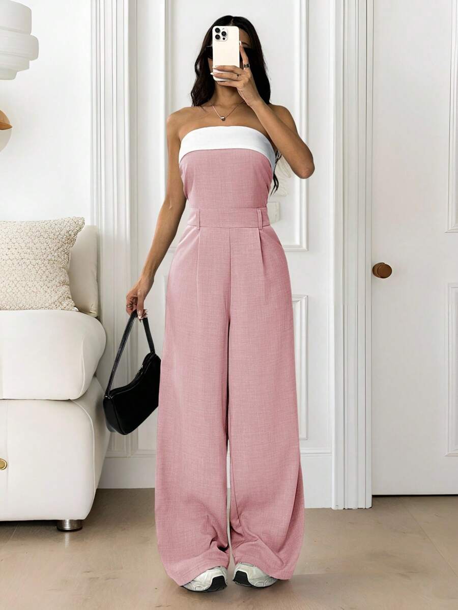 Muchica Women's Casual Contrast Color Summer Jumpsuit - Baby Pink - View 1