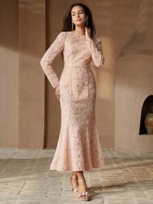 Anewsta 花卉亮片刺绣粉色长袖美人鱼下摆晚礼服 - 粉色 - 查看 6