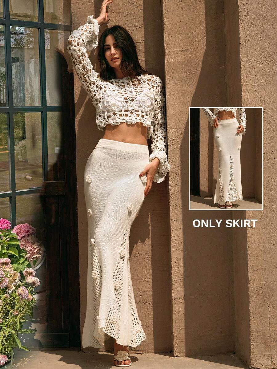 Anewsta Romantic Embroidered 3D Floral Openwork Knitted Skirt, Suitable For Holiday & Travel, Spring/Summer - White - View 1