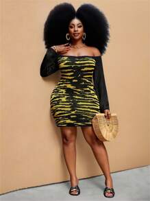 Slaydiva Plus Size Fashionable Leopard & Tiger Print Knit Bodycon Mini Dress, Sexy One Shoulder, Bodycon Style, Street & Vacation Chic - Multicolor - View 3