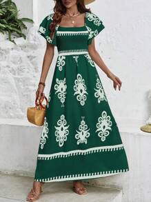 SHEIN Clasi 女士时尚黑白印花荷叶边袖方领连衣裙（随机印花）长款女装 - 墨綠色 - 查看 4