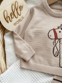 SHEIN 米色幼儿男孩/女孩冬季可爱卡通动物嵌花针织柔软圆领毛衣上衣和裤子 2 件套