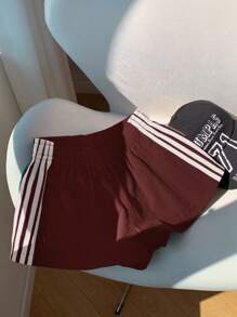 Comfortcana 女士休闲拼色条纹短裤，夏季 - 酒紅色 - 查看 4