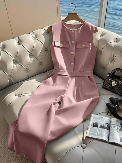 SHEIN Clasi Women's Elegant Sleeveless Jumpsuit With Decorative Pockets & Metal Buttons, Slim Fit, Spring/Summer