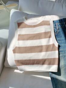 Comfortcana 女士休闲驼色条纹短款针织上衣