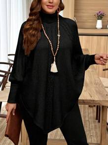 EMERY ROSE 女士加大码纯色针织纽扣领蝙蝠袖长袖高领斗篷毛衣，修身优雅，适合秋冬季节穿着。 - 黑色 - 查看 3
