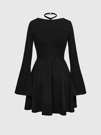 Goth Women Gothic Sexy Bell Sleeve Pentagram Collar Solid Color Mini Dress For Autumn