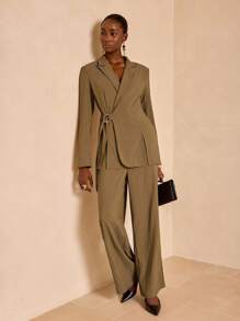 Zivah 2025新款秋冬休闲优雅通勤日常约会上班族翻领长袖腰部可调节腰带装饰宽松卡其色正装西装外套+西裤阔腿裤长裤卡其色女装套装-西装套装女 - 棕色 - 查看 6