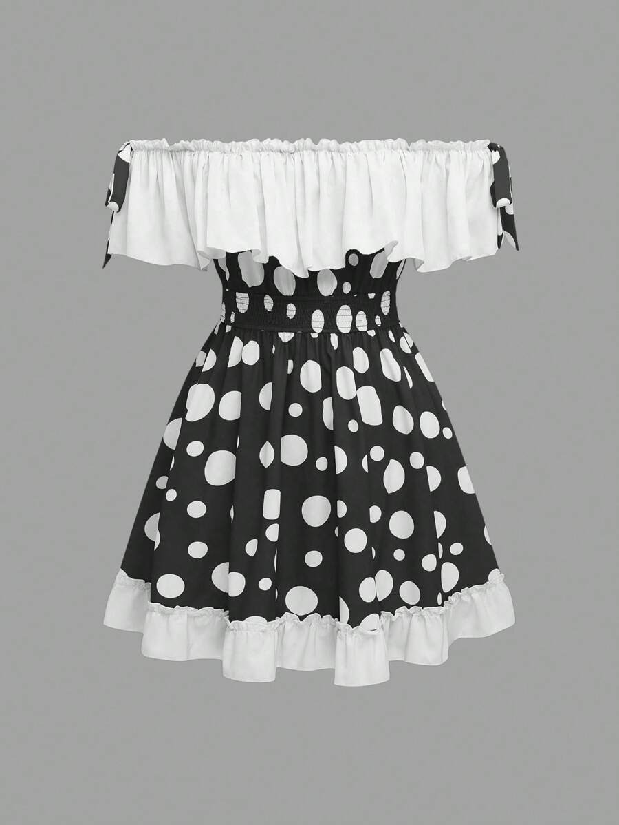 Sweetra 大码可爱迷人的蘑菇印花露肩迷你连衣裙 - 黑與白 - 查看 1