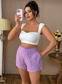 Celure Plus Size Women Pearl Decor Fitted Shorts