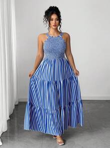 Elenzga Gaun Gingham Bergaris Vertikal Biru dan Putih dengan Ikat Pinggang - Blue and White - View 7