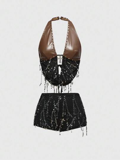 Grunge Punk Set da donna stile Y2K sexy per festival musicali, con pendente a croce in metallo, body in PU con inserti in paillettes e rete, abito a scollo drappeggiato e senza schienale