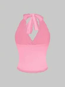 ROMWE Grunge Punk Women Y2K Solid Color Ruched Lace Patchwork Backless Halter Neck Top - Pink - View 2