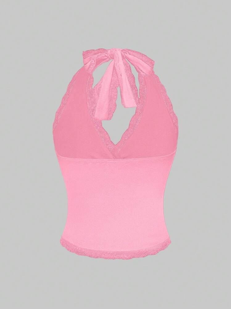 ROMWE Grunge Punk Women Y2K Solid Color Ruched Lace Patchwork Backless Halter Neck Top - Pink - View 2