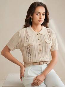 Anewsta 女式针织休闲修身马球领纹理套头衫 - 杏色 - 查看 2