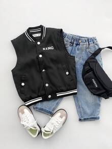 SHEIN Chaleco/Chaqueta negra con estampado gráfico de letra y acolchado, estilo callejero casual y holgado para niño, forro grueso, cómodo para ir al trabajo, la escuela, uso diario, deportes, adecuado para otoño e invierno - Negro - Ver 6