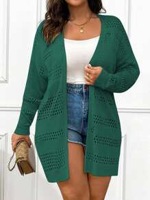 Calvaya Cárdigan casual largo y sólido con diseño calado para tallas grandes