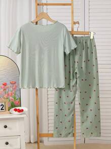 2pcs/Set Teenage Girls Simple Fashion White Base Red Cherry Embroidery Crew Neck Short Sleeve Top And Peach Base All-Over Red Cherry Print Casual Pants Home Suit,Back To School
