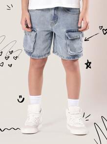 SUMWON Jungen Jeans Cargo Shorts Jugendliche Lässig Sommer Outdoor Abenteuer Locker Sitz Mehrere Taschen Alltagskleidung Komfortabel Spielzeit Unterteil - Helle Waschung - Übersicht 1