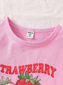 Bộ quần áo bé gái tay ngắn họa tiết dâu tây, nơ trang trí, thoải mái, ngọt ngào, thời trang, thích hợp mặc mùa hè. Bộ đồ trẻ em họa tiết dâu tây, quần áo trẻ em in hình dâu tây, quần short kẻ sọc hồng, quần áo mùa hè cho bé gái. - Hồng - Xem 5