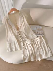 CosyJoli Plus Size Women Summer Solid Color Textured Front Tie Batwing Sleeve Blazer And Shorts Set,Teacher Outfits For Women