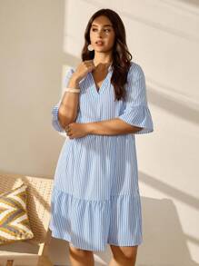 Nubod Plus Size Striped Simple Pleated Design Dress For Women - Blue - View 7