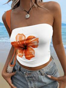 Muchica 女士修身花卉印花休闲抹胸，适合夏季 - 白色 - 查看 3