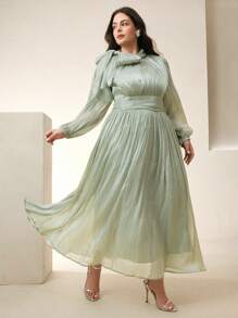 Anewsta Váy dài nhún eo bóng bẩy thanh lịch đa năng cho nữ cỡ lớn, thích hợp cho mùa xuân/thu, lễ hội - Màu xanh Bạc hà - Xem 2