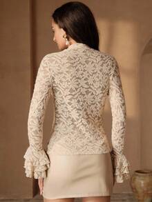 Anewsta Apricot Elegant High Collar Semi-Sheer Lace Flare Sleeve Ruffle Hem Women Top, Autumn/Winter - Apricot - View 7