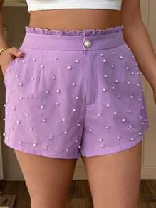 Celure Plus Size Women Pearl Decor Fitted Shorts