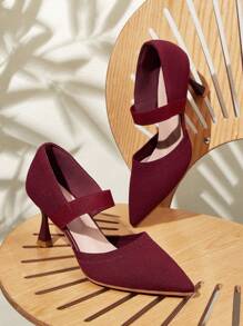CUCCOO BASICS Giày cao gót mũi nhọn mỏng cơ bản đi làm tối giản thoáng khí màu đỏ tía hở mũi co giãn dệt kim, giày công sở - Màu Đỏ Sâu - Xem 1